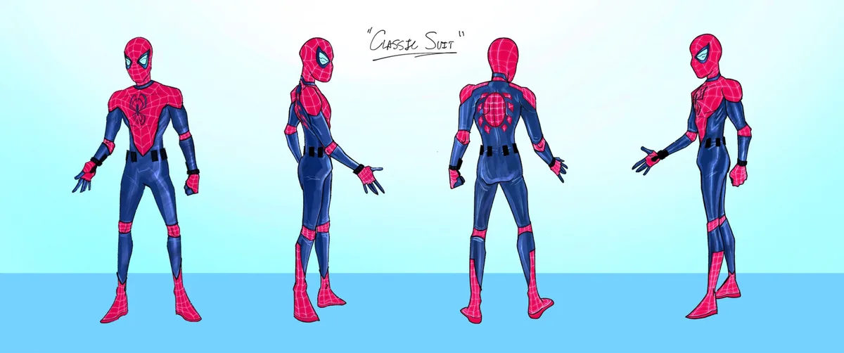 Four full-body illustrations of Spider-Man in a red and blue suit, shown from front, side, back, and three-quarter angles…