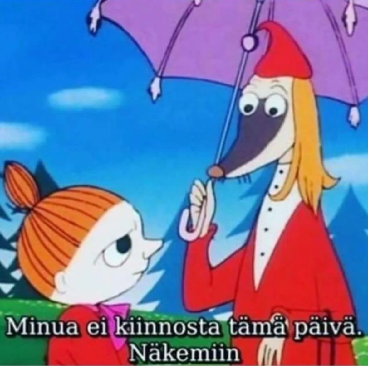 A cartoon image shows a young girl with orange hair in a ponytail looking up at a tall, slender dog-like character wearing a…
