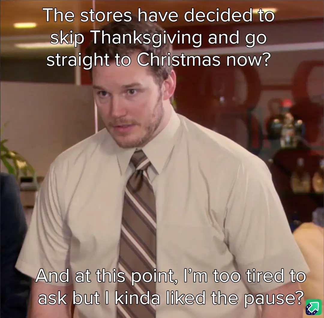 A man in a beige shirt and striped tie looks confused and weary, with overlaid text asking if stores skipped Thanksgiving to…