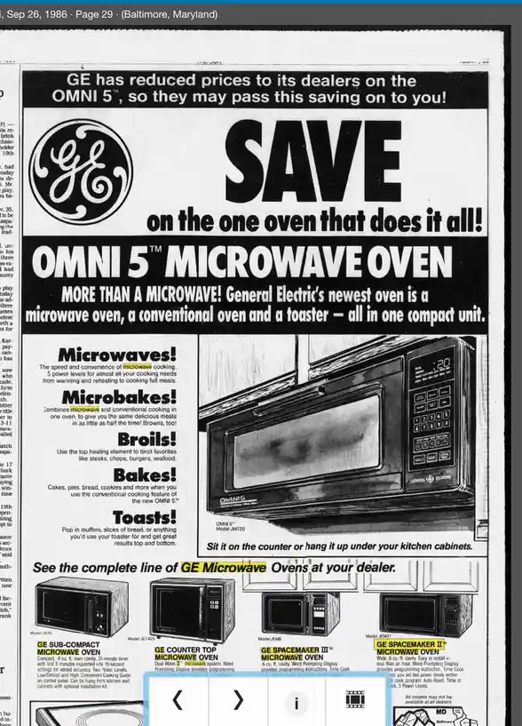 A 1986 newspaper advertisement for a General Electric Omni 5 microwave oven, which is marketed as a multi-function appliance…