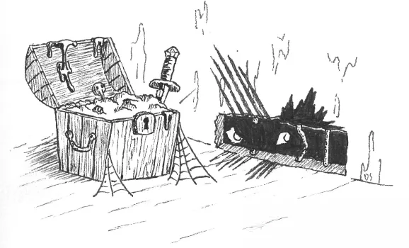 A hand-drawn black-and-white sketch shows an open treasure chest filled with sand and a sword, next to a closed chest with…