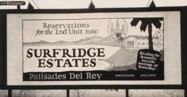 A vintage black-and-white real estate advertisement for 'Surfridge Estates' in Palisades Del Rey, featuring a scenic coastal…