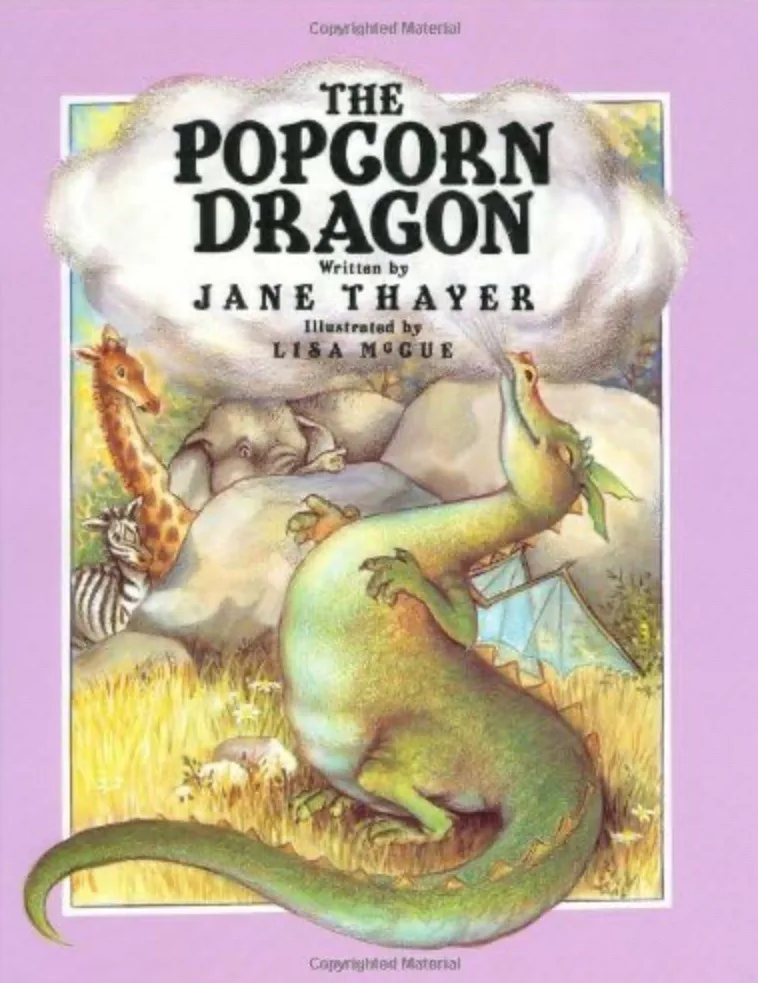 The image shows the cover of a children's book titled 'The Popcorn Dragon' by Jane Thayer, illustrated by Lisa McGue. The…