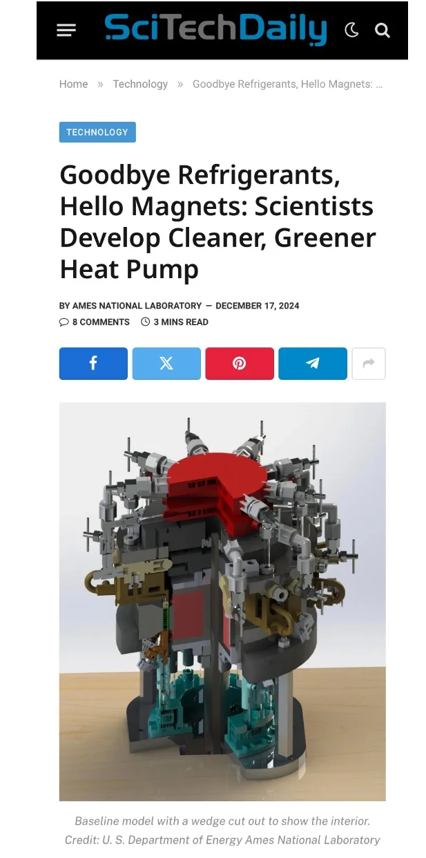 A screenshot of a SciTechDaily article titled 'Goodbye Refrigerants, Hello Magnets: Scientists Develop Cleaner, Greener Heat…