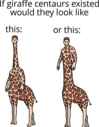 The image displays two cartoonish giraffe centaurs side by side against a white background. The left one has a giraffe's…