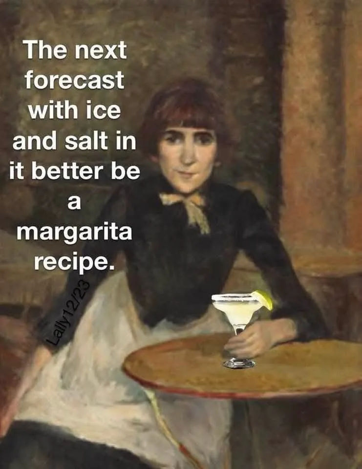 A vintage painting of a woman in a dark dress and white apron sitting at a small table, holding a margarita cocktail with a…
