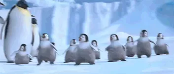a sequence of six frames from the animated movie 'Madagascar' showing a group of penguin chicks walking in a line across a…