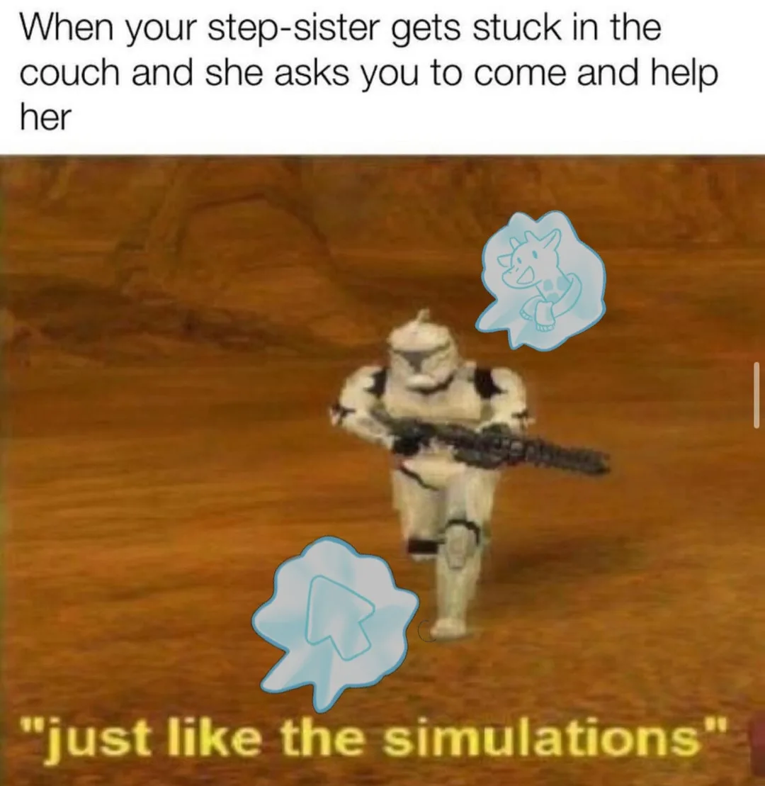 A stormtrooper from Star Wars walks forward holding a blaster, with two thought bubbles above and below him. One bubble…