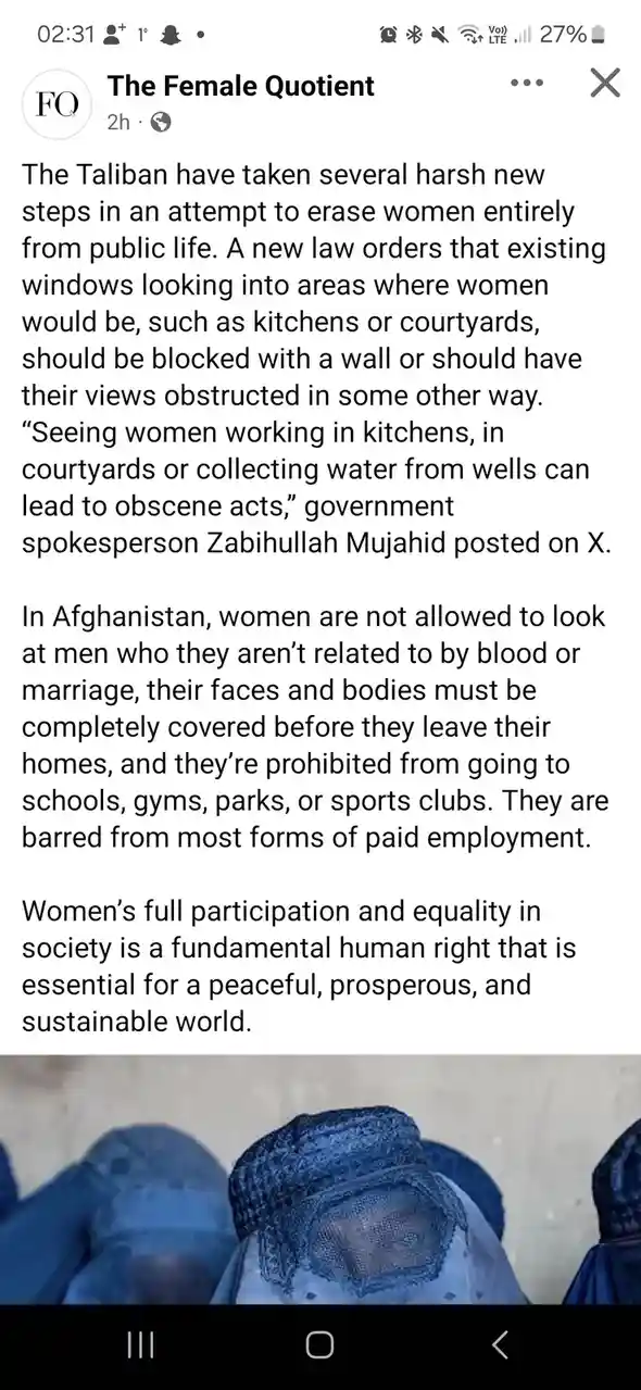 The image displays a screenshot of a social media post from 'The Female Quotient' detailing Taliban restrictions on women in…