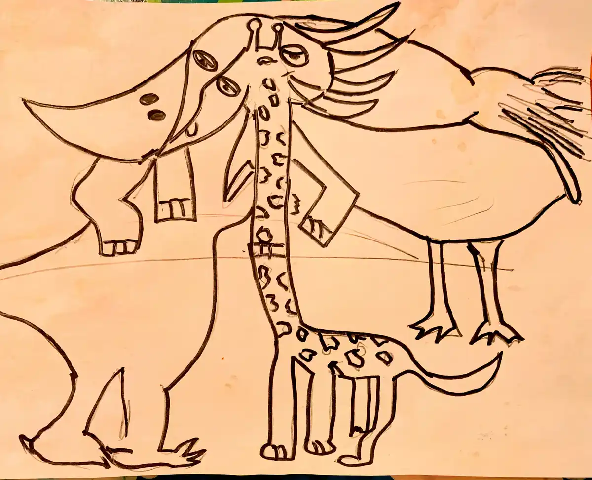 A child's black ink drawing on beige paper shows three fantastical, hybrid animals: a giraffe with a spotted body and a long…