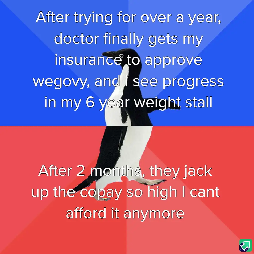A penguin image split into two colored halves, blue on top and red on bottom, with white text overlaid. The top half reads…