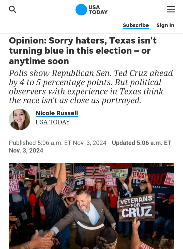 A screenshot of a USA TODAY opinion article with the headline 'Sorry haters, Texas isn't turning blue in this election – or…