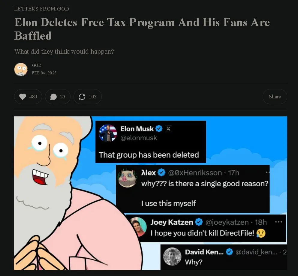 A screenshot of a social media post titled 'Elon Deletes Free Tax Program And His Fans Are Baffled' shows a cartoon…