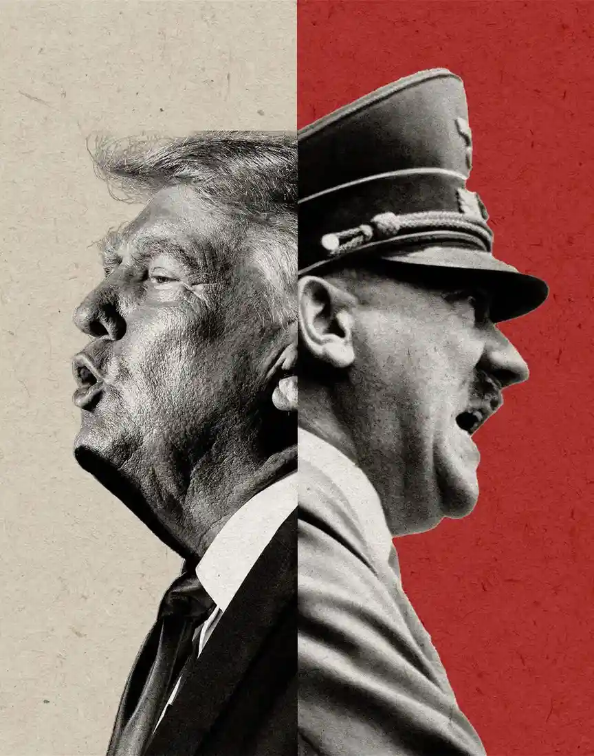 The image is a split-screen portrait showing Donald Trump on the left against a beige background and Adolf Hitler on the…