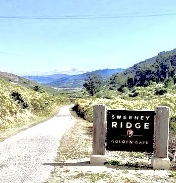 A roadside sign reads 'SWEENEY RIDGE GOLDEN GATE' beside a gravel road leading into hilly, grassy terrain under a clear blue…