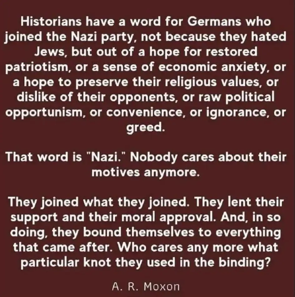 A dark red background displays a white text block quoting A. R. Moxon, explaining that historians label Germans who joined…