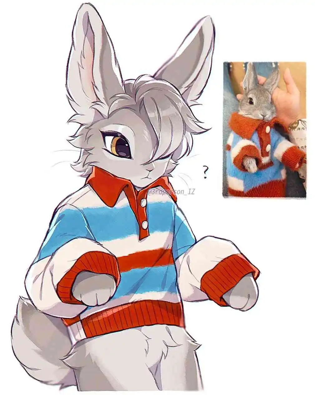 An anime-style anthropomorphic rabbit with gray fur and large ears wears a blue, white, and orange striped polo sweater with…