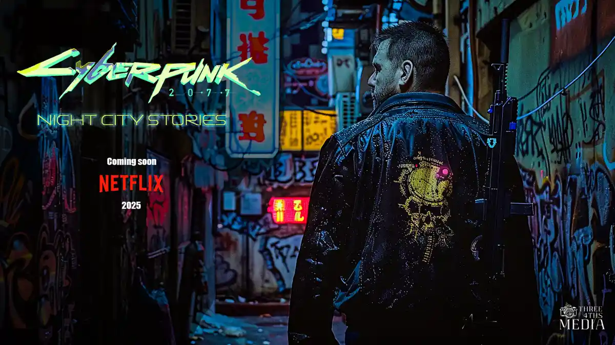 A promotional image for 'Cyberpunk 2077: Night City Stories' shows a man in a black jacket with a glowing skull emblem on…