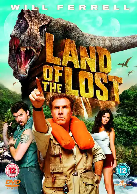 This is a movie poster for 'Land of the Lost' starring Will Ferrell, featuring a large, roaring Tyrannosaurus Rex looming…