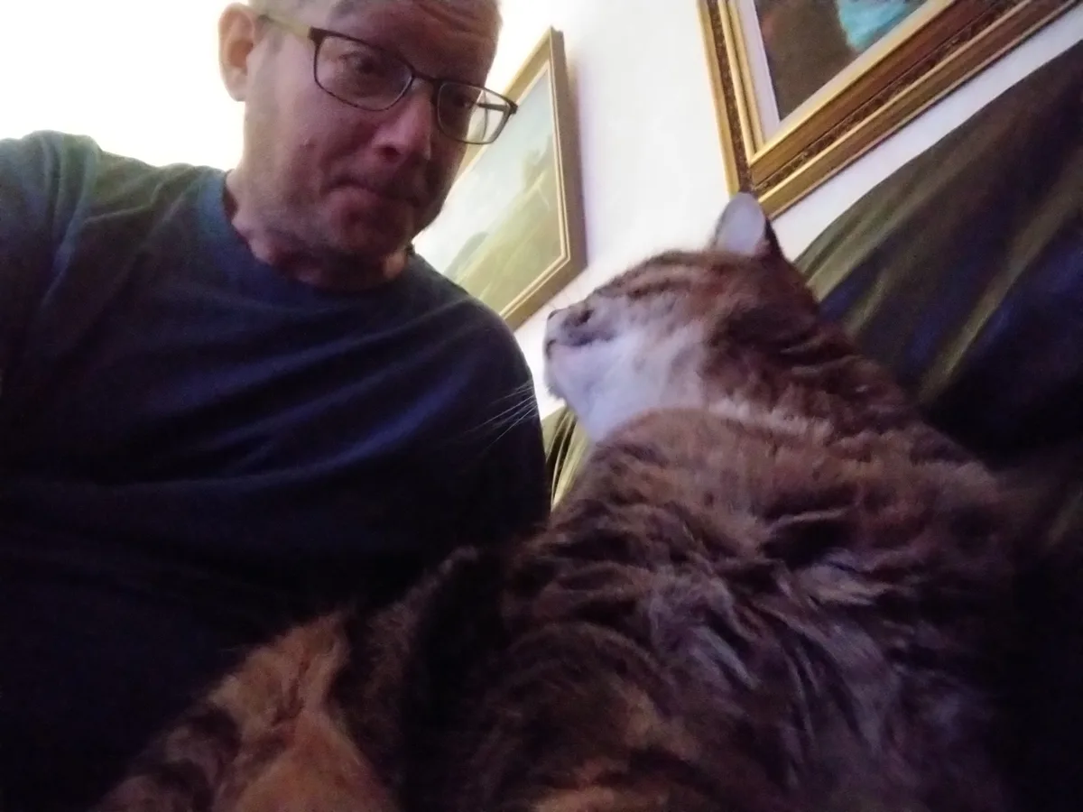A man with glasses and a dark shirt takes a selfie with a large, fluffy brown and white cat resting beside him on a couch…