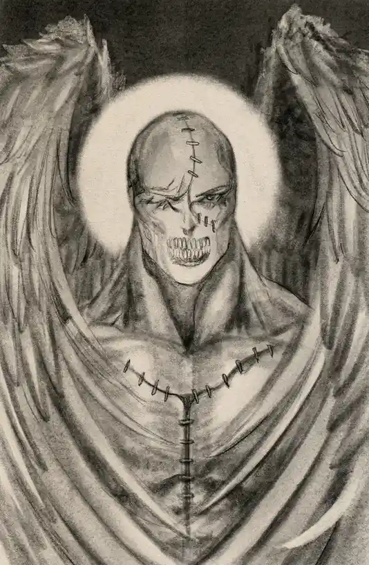 A black-and-white pencil drawing depicts a grotesque, stitched-together humanoid figure with large, tattered wings and a…