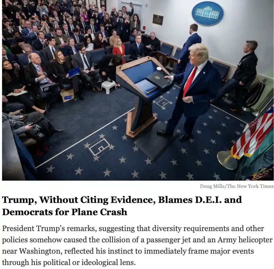 A photo shows Donald Trump at a White House press briefing podium, gesturing toward a folder while surrounded by reporters…