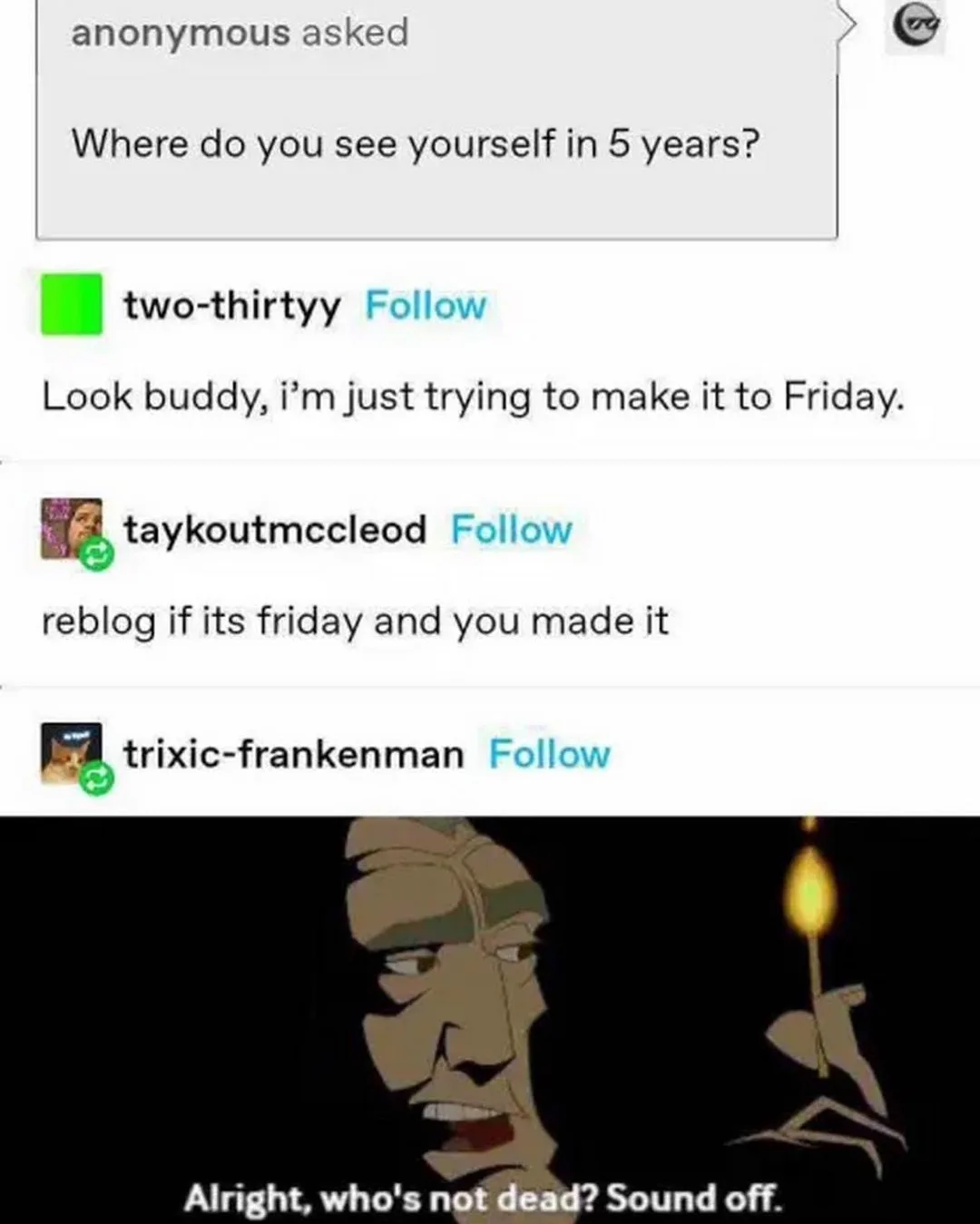 A screenshot of a social media thread where users respond to the question 'Where do you see yourself in 5 years?' with…