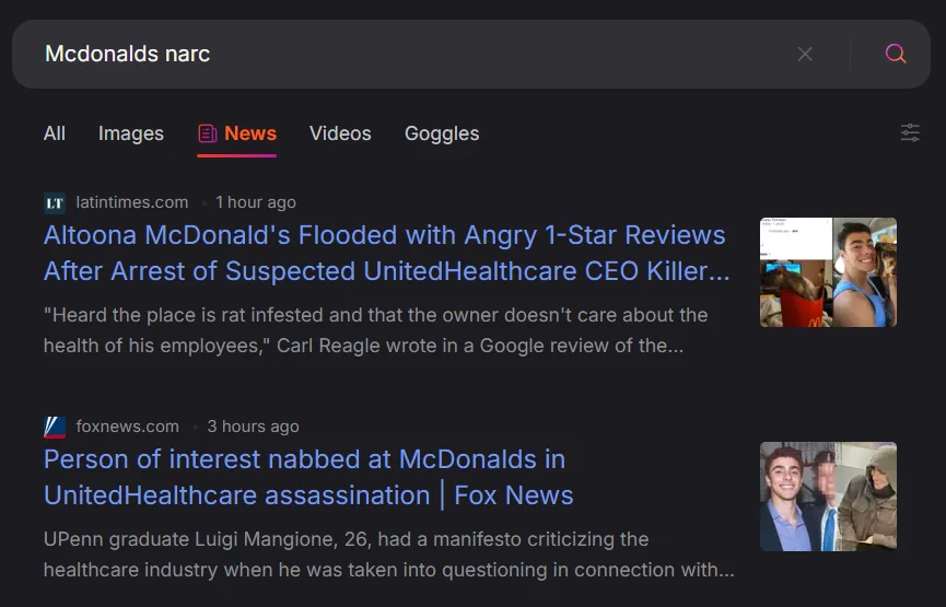 A screenshot of a Google News search for 'mcdonalds narc' shows two news articles. The first from latintimes.com reports on…