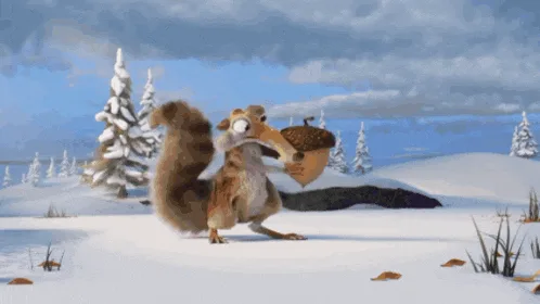 Two animated squirrels in a snowy landscape are shown in a sequence where one squirrel hands an acorn to the other. The…