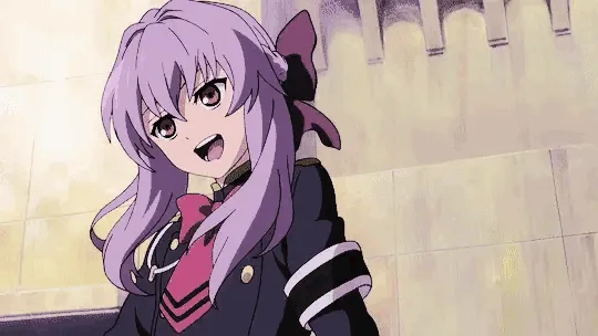 A six-panel anime sequence shows a purple-haired girl in a dark uniform with a red bow. She starts with a surprised…