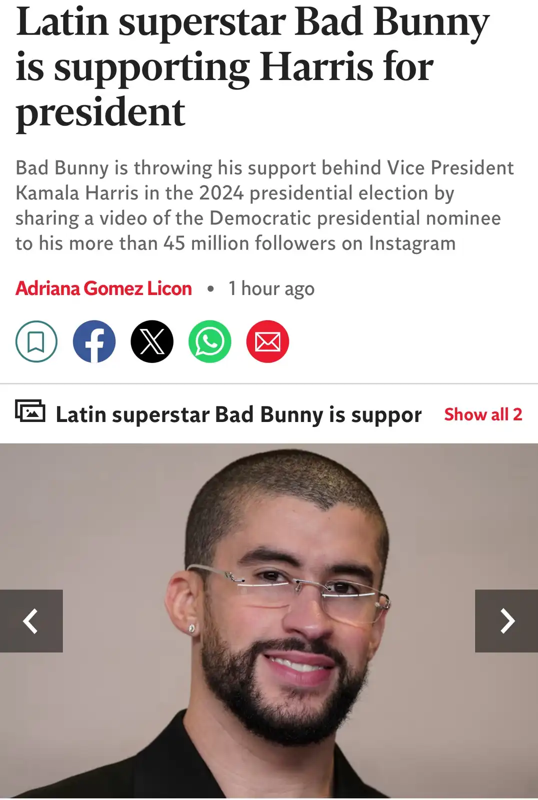 A screenshot of a news article shows a photo of Latin superstar Bad Bunny smiling while wearing glasses and a black shirt…