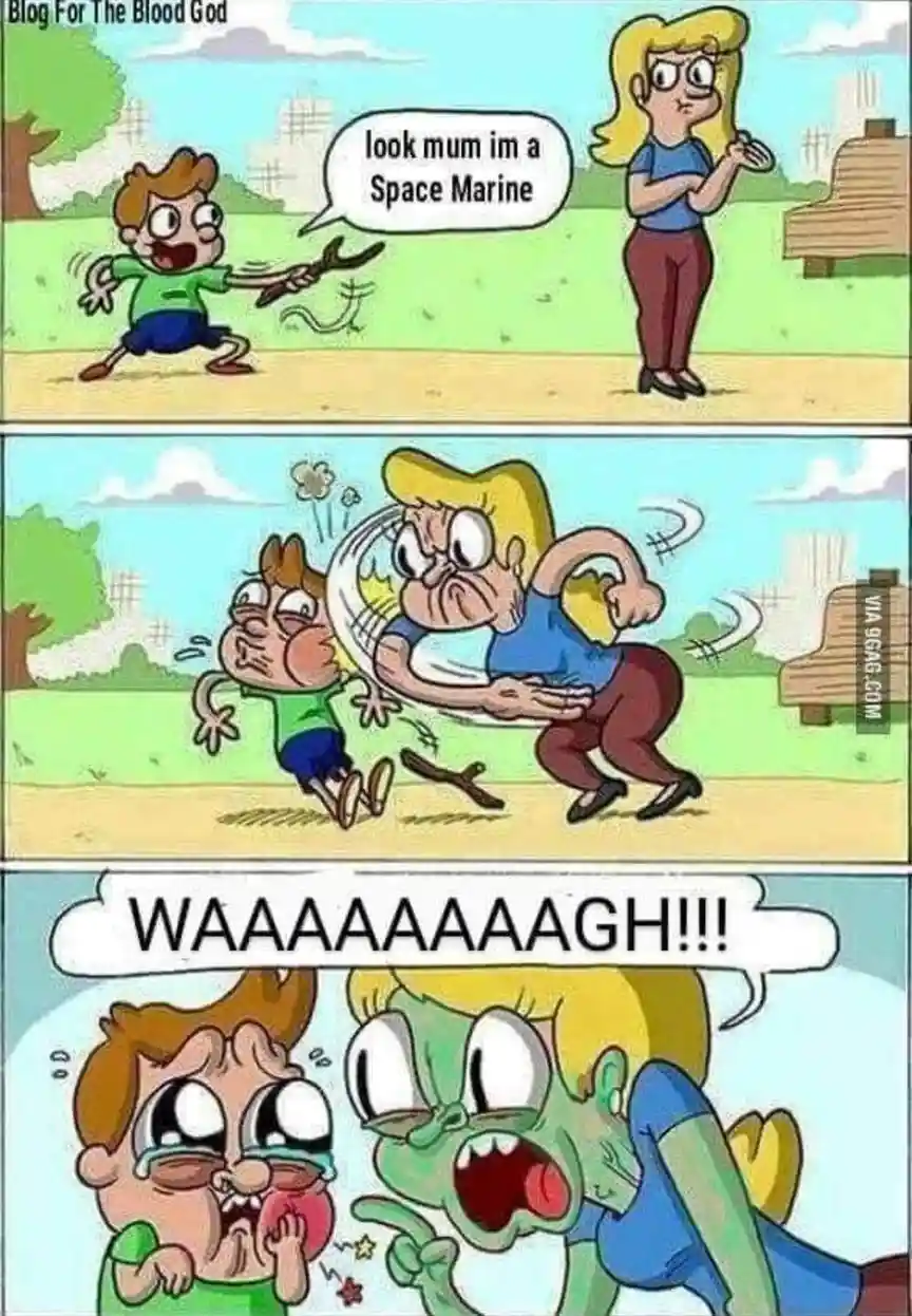 A three-panel cartoon depicts a child proudly showing his mother a wrench, claiming to be a Space Marine. She then…