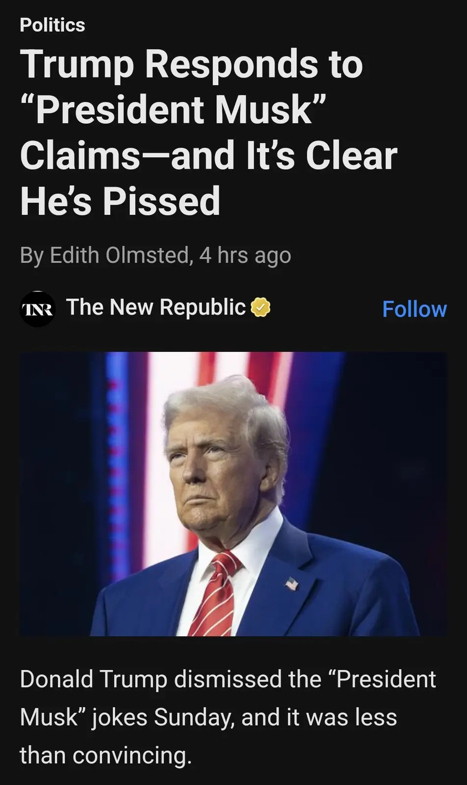 A screenshot of a news article from The New Republic shows a photo of Donald Trump looking visibly annoyed, with the…