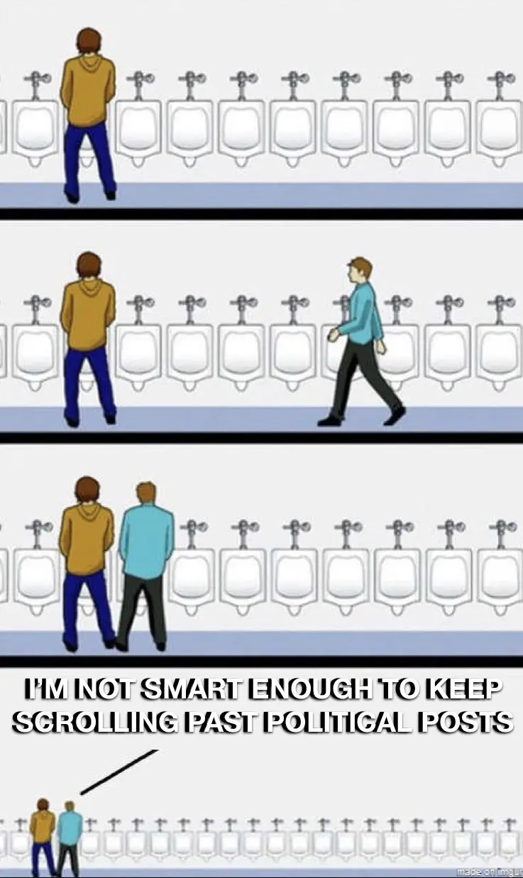 A three-panel cartoon depicts a man in a yellow hoodie using a urinal in a public restroom. In the second panel, another man…