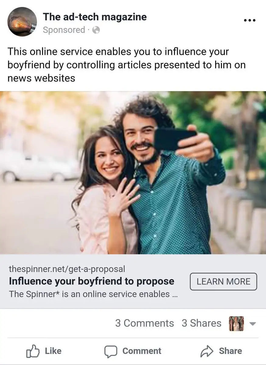 A screenshot of a Facebook ad from 'The ad-tech magazine' promoting 'The Spinner' service, which claims to let users…