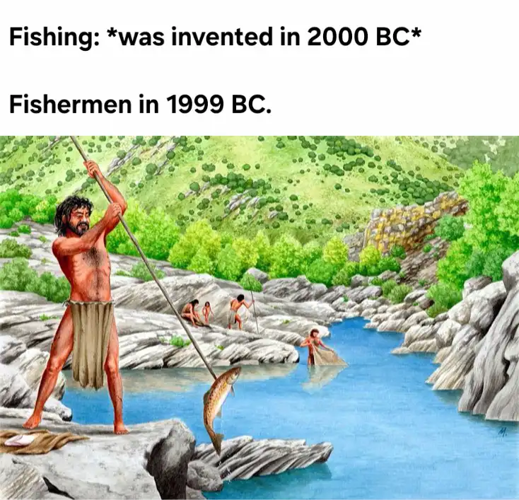 An illustration depicts ancient people fishing in a river with rocks and green hills in the background. One man in the…