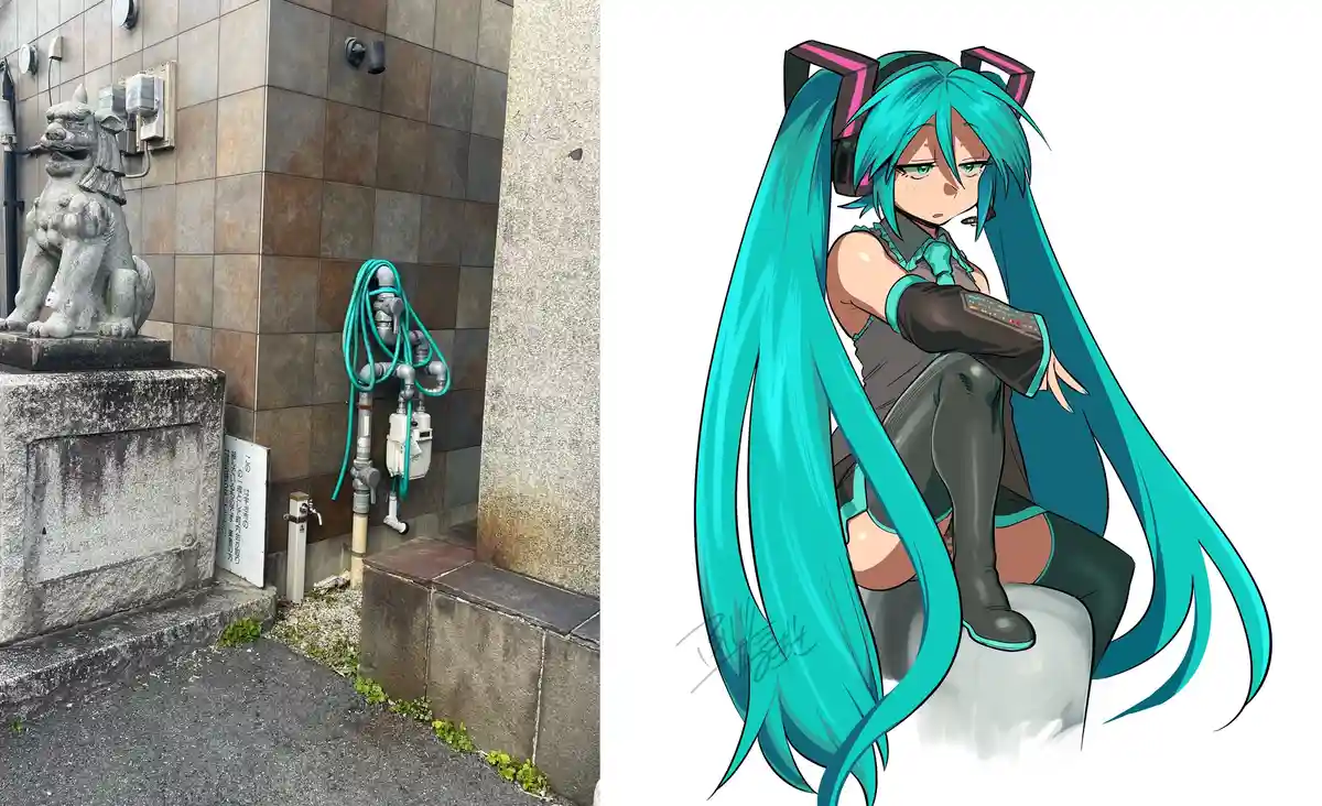 The image is a split-screen: left side shows a real-world photo of a Japanese shrine's water faucet with a coiled green…