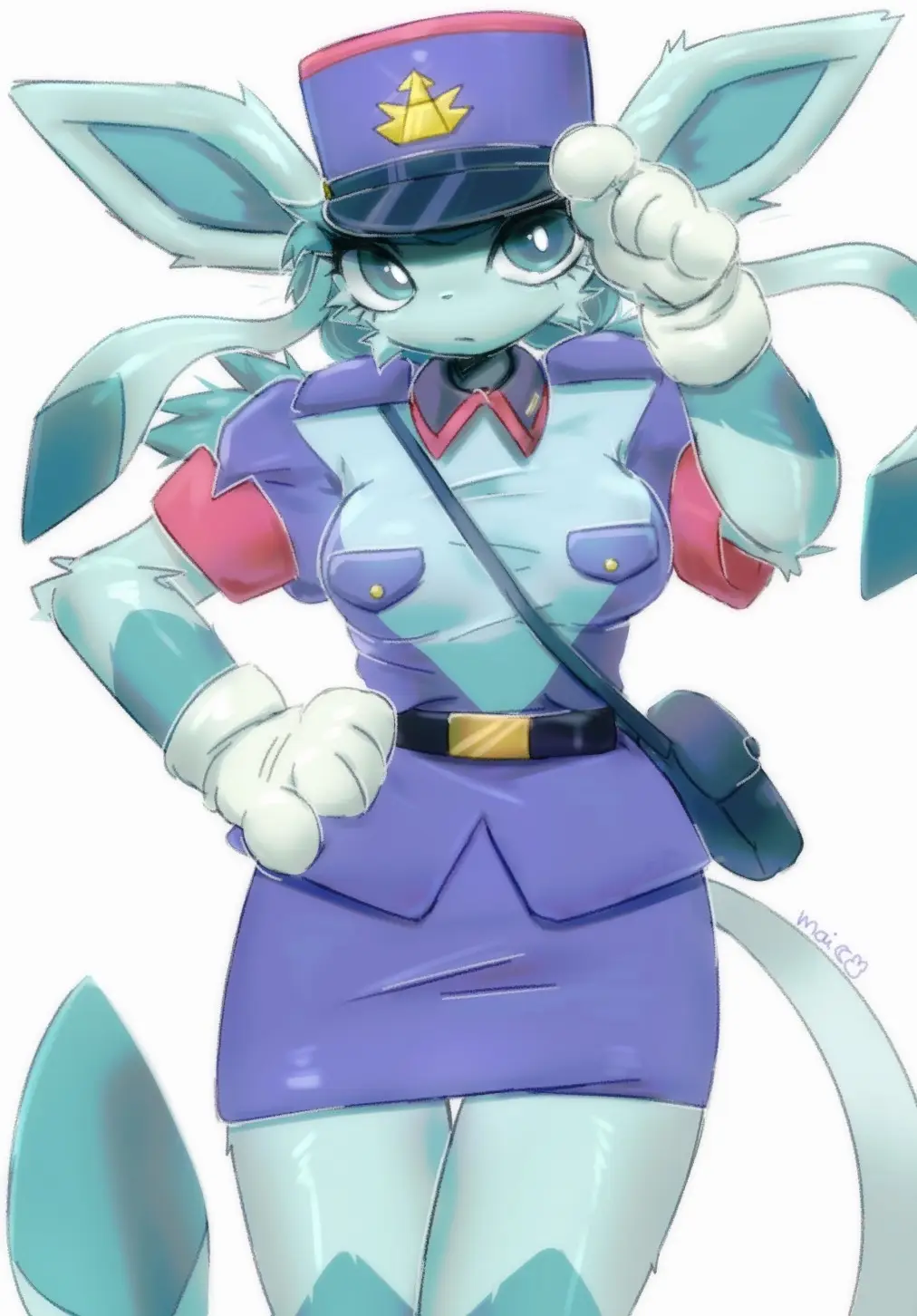 An anime-style anthropomorphic character with large ears and a tail, wearing a purple and light blue police uniform with a…