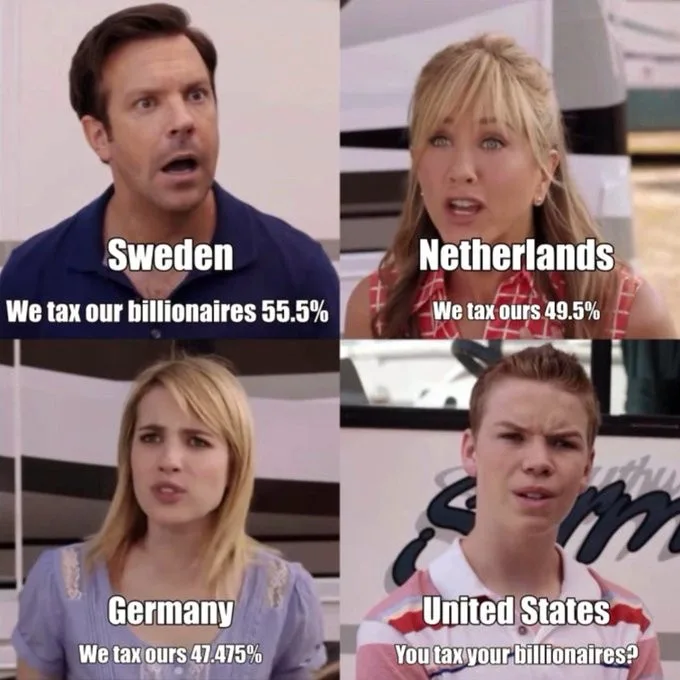 A four-panel meme featuring actors from 'The Office' and 'The Suite Life of Zack and Cody' reacting to billionaire tax…