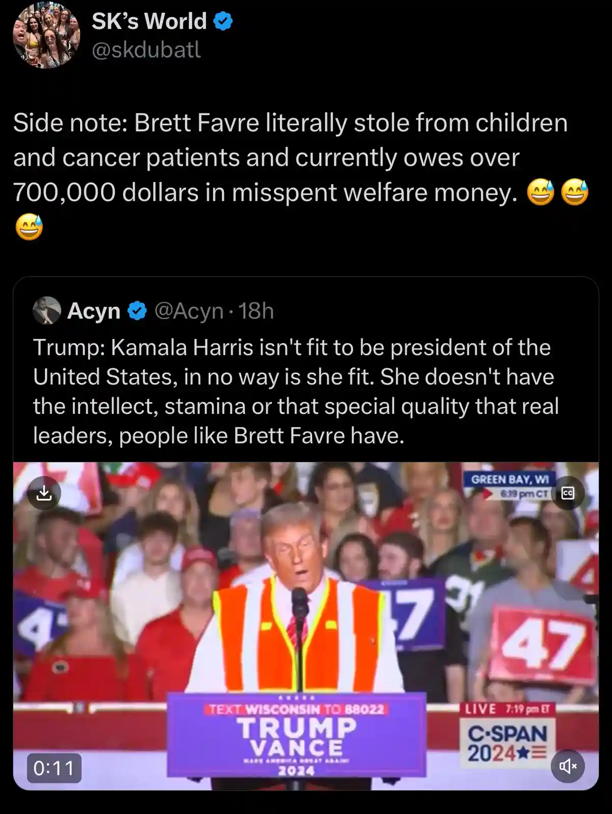 A screenshot of a tweet thread shows Donald Trump speaking at a rally wearing a bright orange safety vest. The overlaid text…