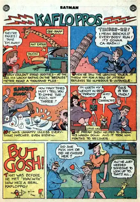 A vintage Batman comic strip titled 'KAFLOPPPOS' depicts a man named Curly who is obsessed with order and precision…