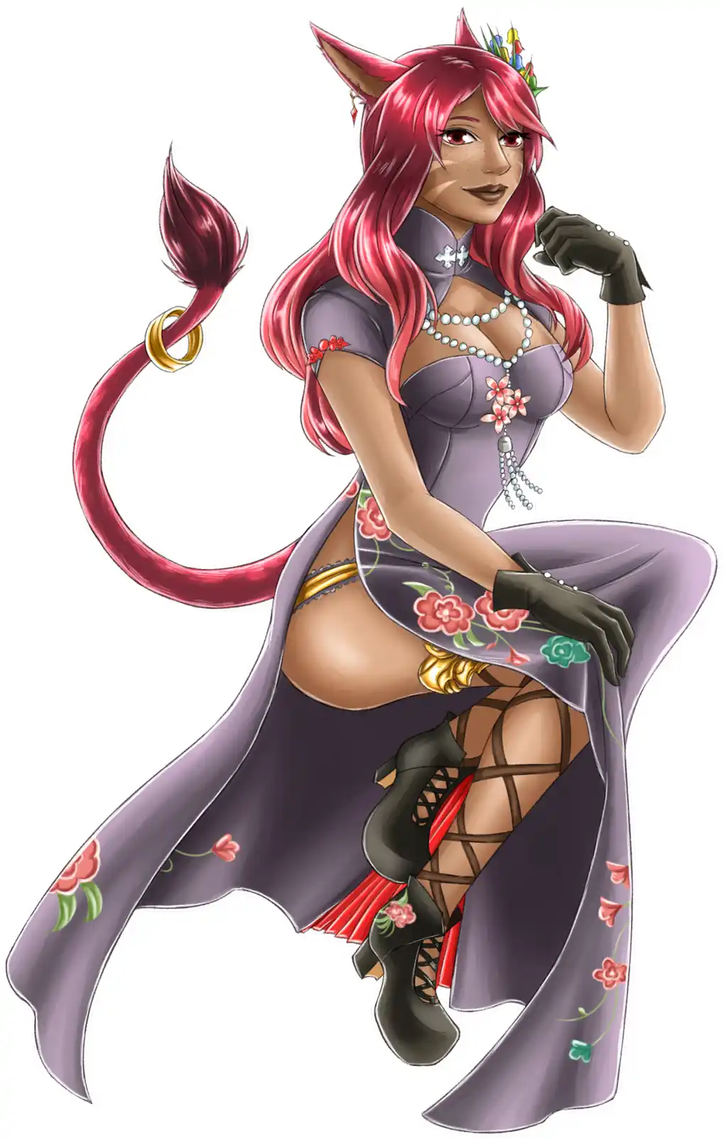 An anime-style illustration of a woman with red hair, cat ears, and a long red tail with a gold ring, wearing a purple dress…
