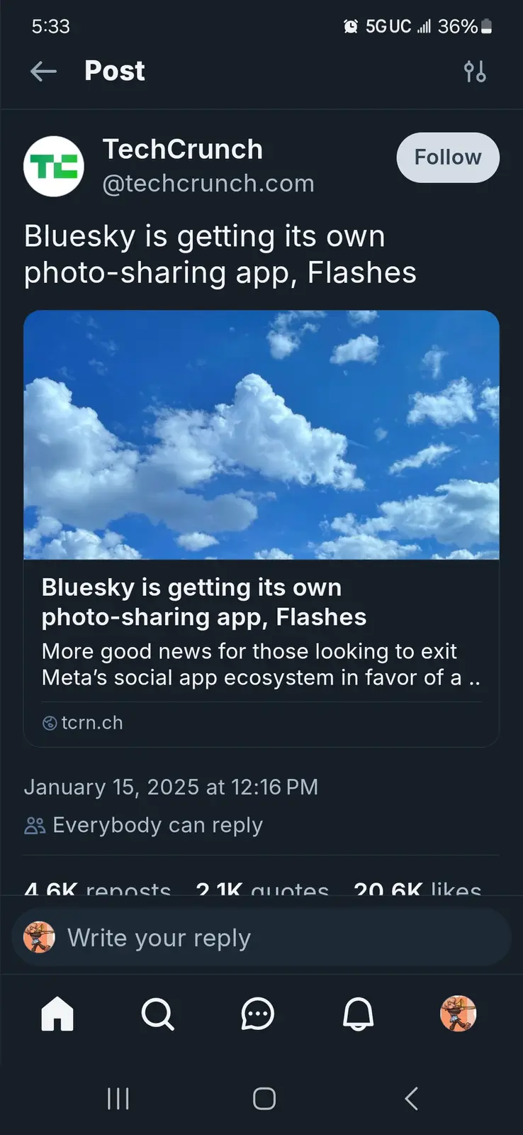 A screenshot of a TechCrunch social media post announcing that Bluesky is launching a new photo-sharing app called…