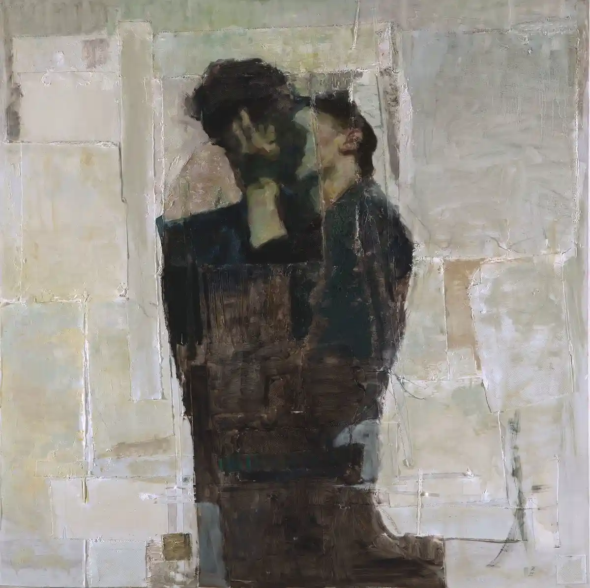 An abstract, textured painting depicts two figures in a close embrace, rendered in muted earth tones and layered…