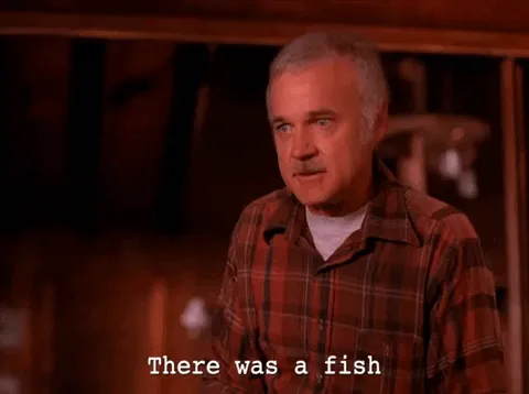 A six-panel meme featuring actor John Candy in a red plaid shirt, repeating the phrase 'There was a fish' in the top three…