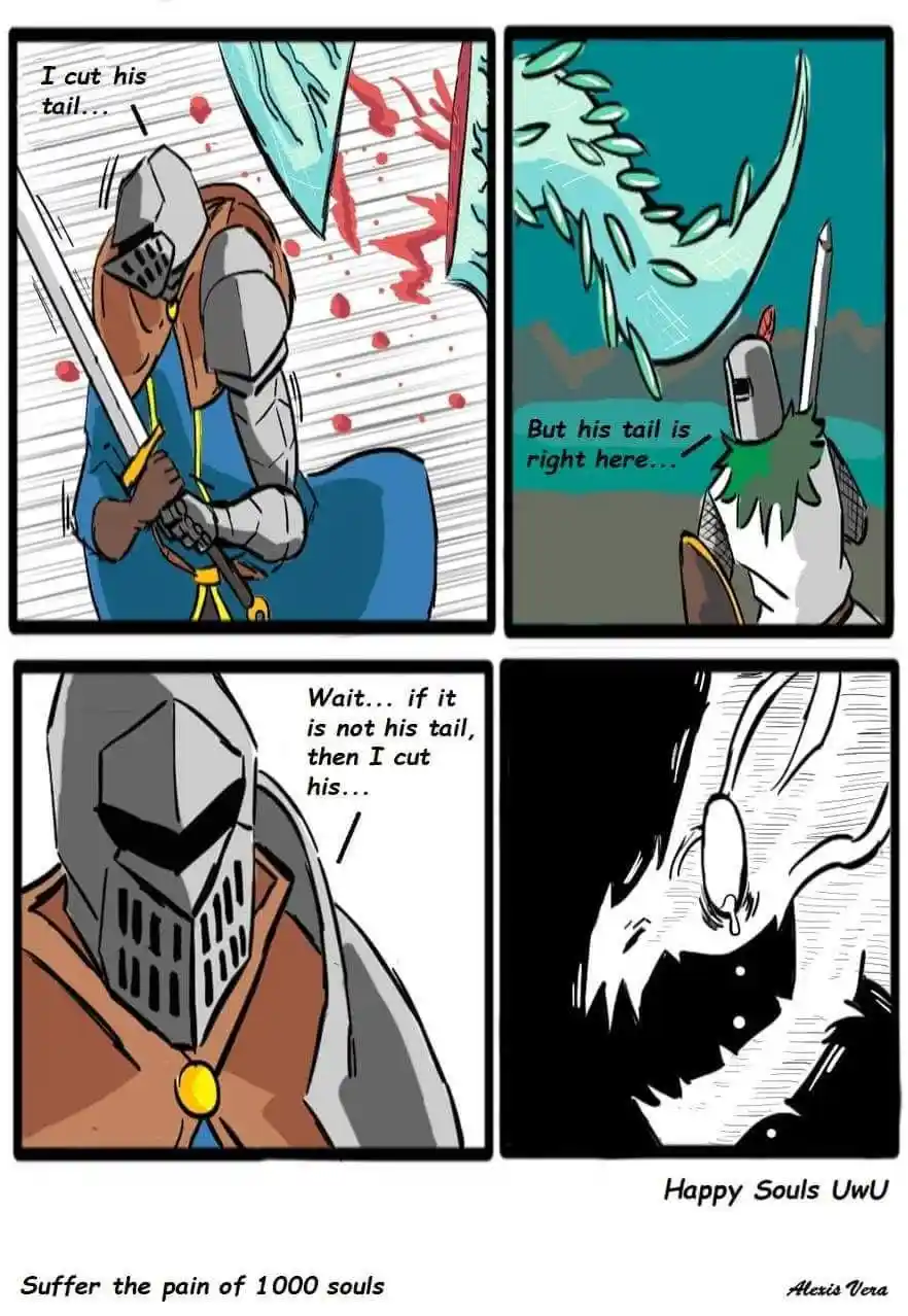 A four-panel comic shows a knight in armor cutting off what he believes to be a dragon's tail, only to realize he cut off…