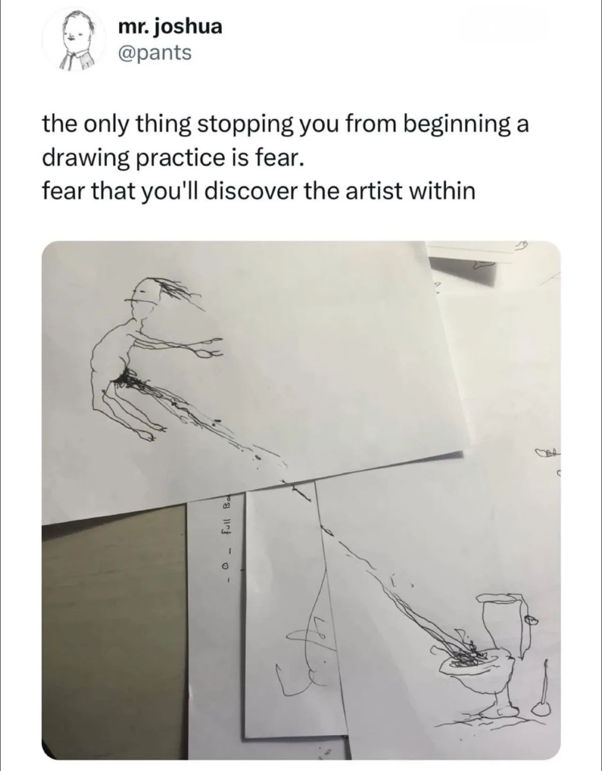 A photo of several sketch papers shows a crude, scribbly drawing of a humanoid figure with a long, messy tail that ends in a…