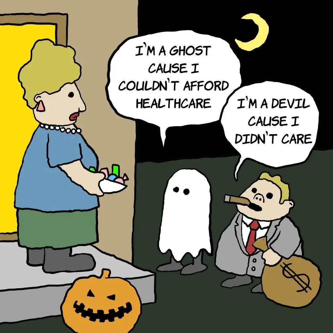 A cartoon woman in a blue shirt and green skirt stands on a porch holding a bowl of candy, facing two trick-or-treaters…