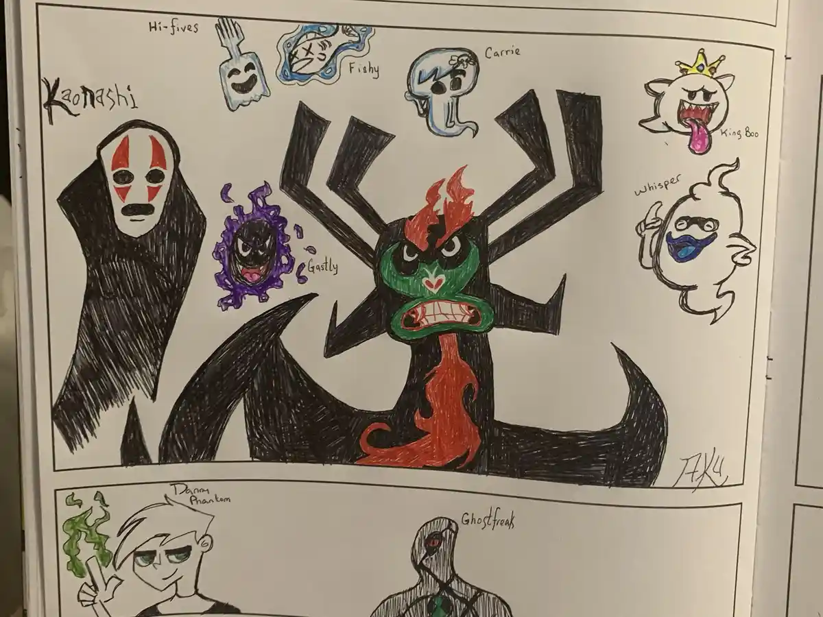 A hand-drawn comic page features a central, large, menacing black ghost with red flames and green face, surrounded by…
