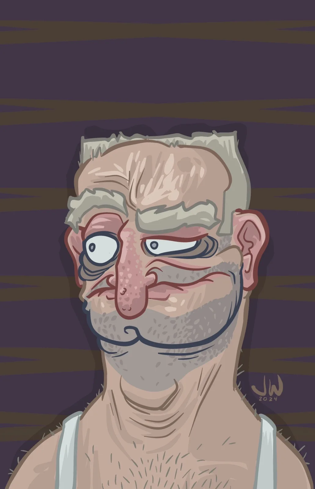 A cartoon illustration of an elderly man with exaggerated facial features, including a large nose, bushy eyebrows, and a…
